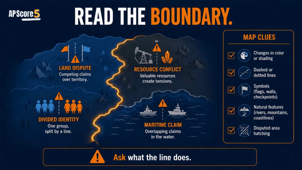 AP Human Geography map reading image showing political boundary clues for conflict resources identity and maritime claims