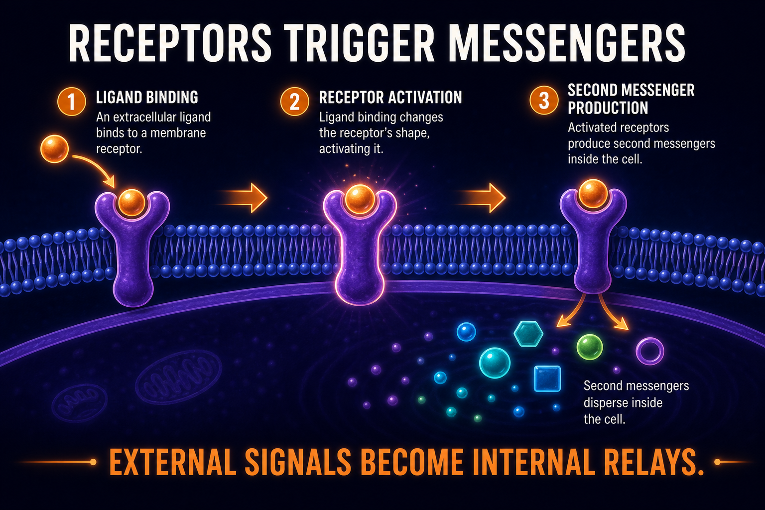 AP Biology receptor to second messenger infographic showing ligand binding triggering intracellular messenger production