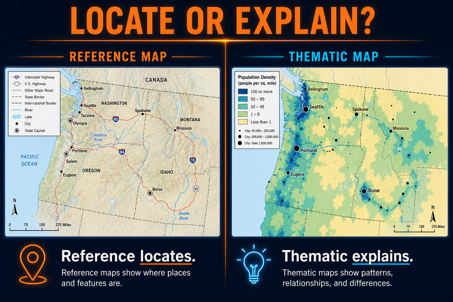 Reference maps versus thematic maps in AP Human Geography showing locate versus explain map purposes