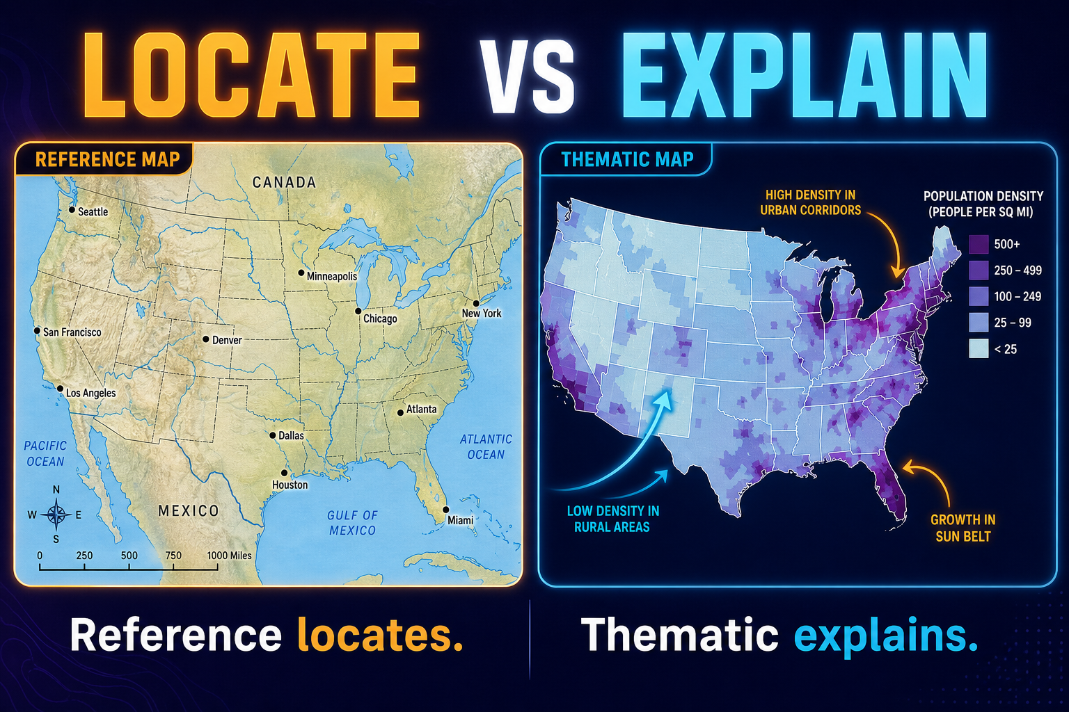Reference vs Thematic Maps AP Human Geography Unit 1 Reference vs thematic maps in AP Human Geography Unit 1 showing locate versus explain map purposes