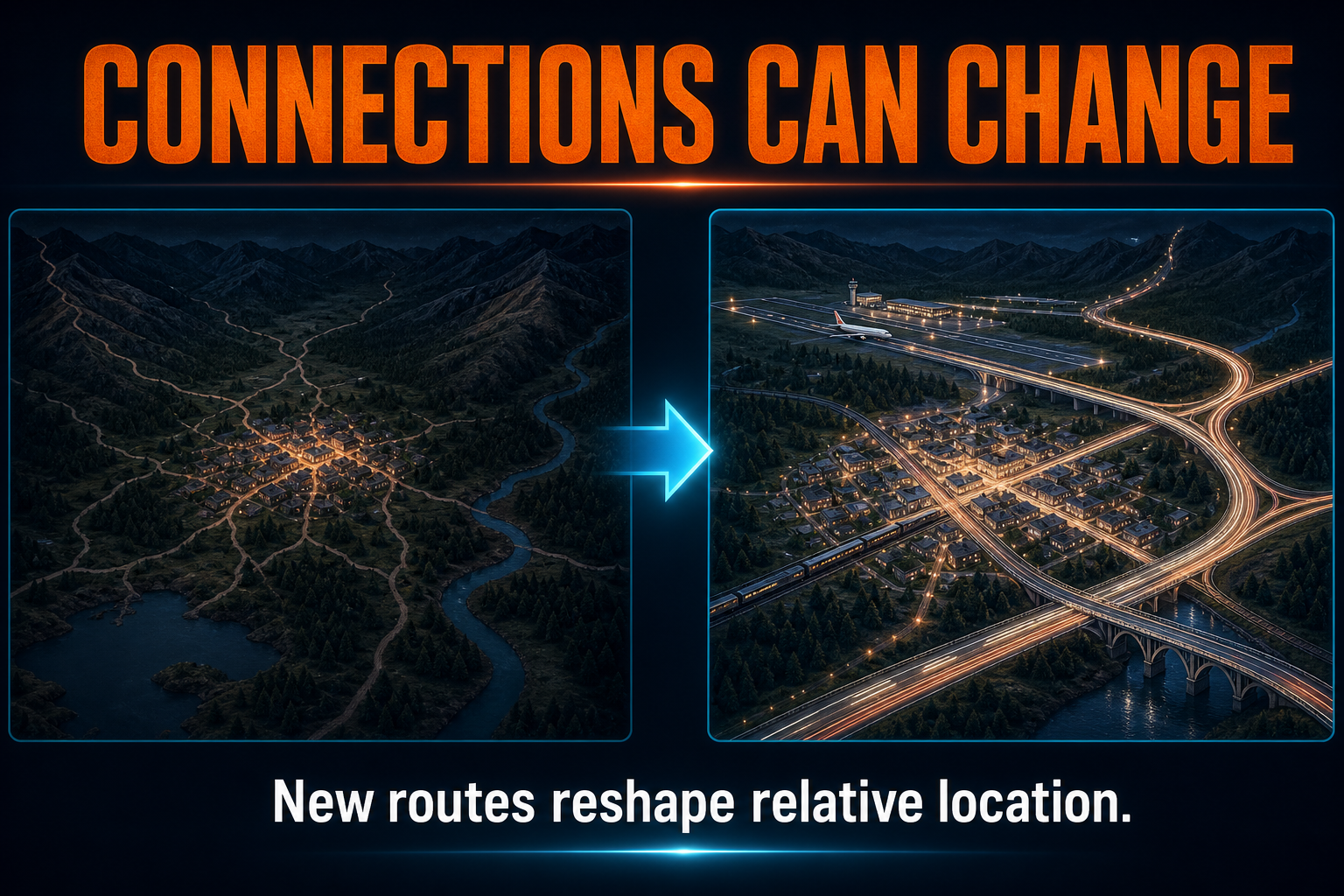 Relative location changes over time in AP Human Geography showing new highways airports borders and hubs rewriting connections