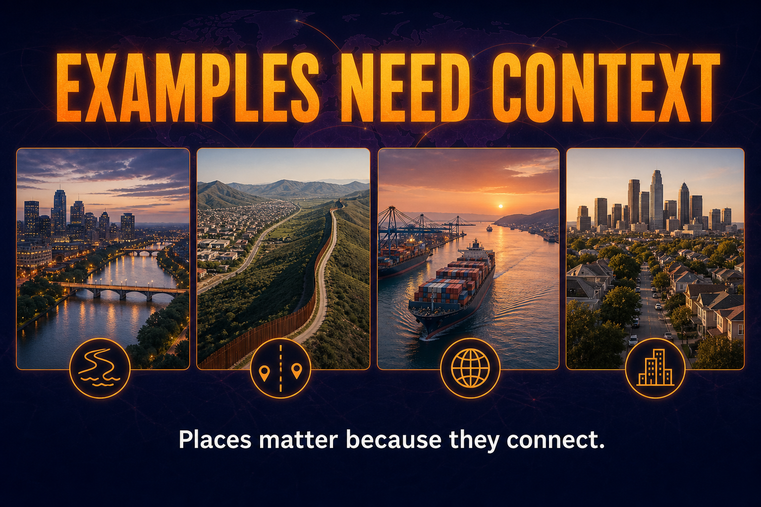 Relative location examples in AP Human Geography at country city port and neighborhood scales using borders and trade routes