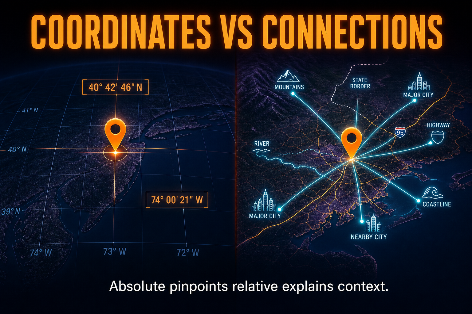 Relative versus absolute location in AP Human Geography comparing coordinate precision with landmark route and border relationships