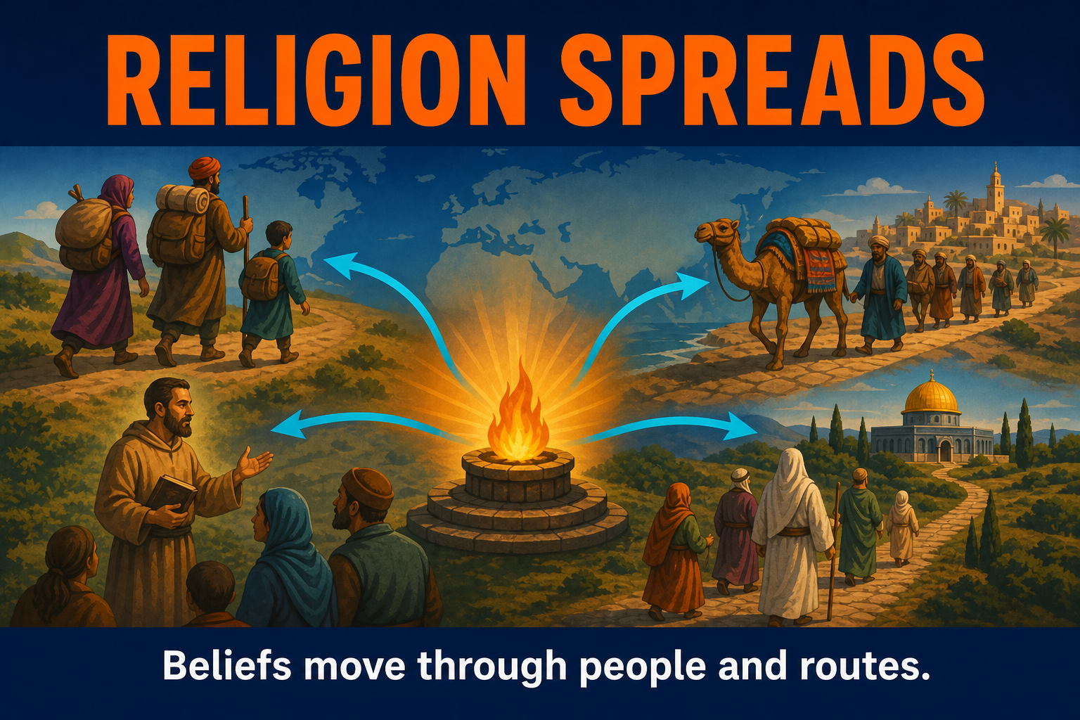 Religion Diffusion AP Human Geography AP Human Geography religion diffusion hero showing beliefs spreading from hearths through migrants missionaries trade routes pilgrimage paths and sacred sites