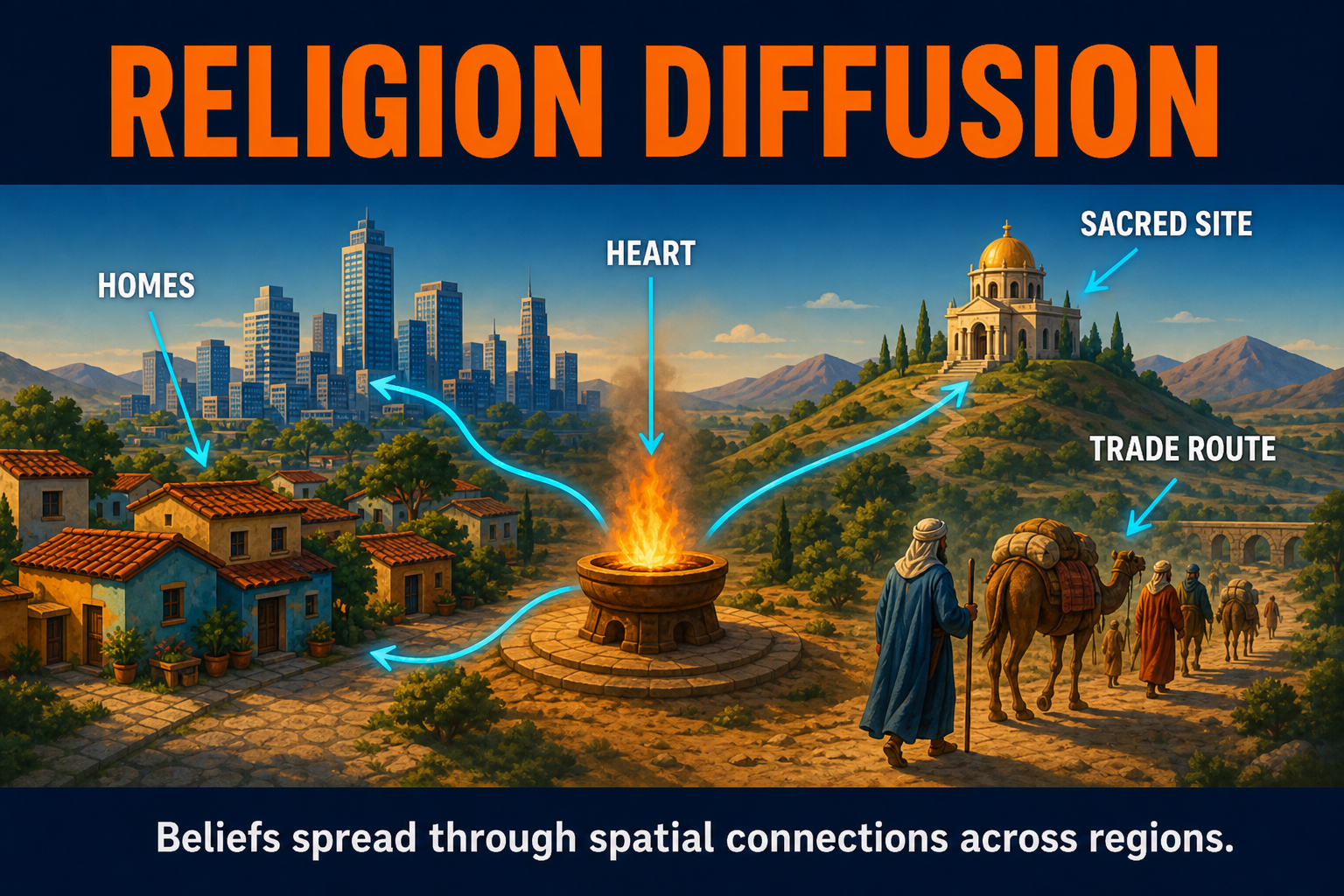 Religion Diffusion Definition AP Human Geography AP Human Geography religion diffusion visual showing beliefs spreading from a hearth to homes cities trade routes and sacred sites