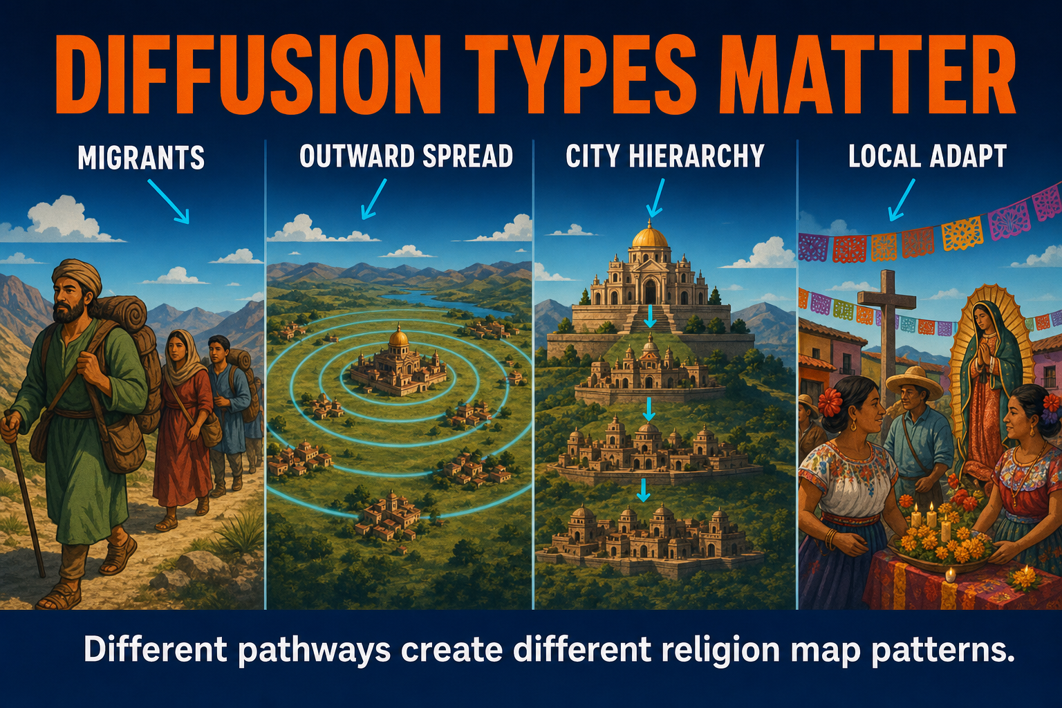 Religion Diffusion Types AP Human Geography AP Human Geography religion diffusion types visual showing migration outward spread city hierarchy and local adaptation