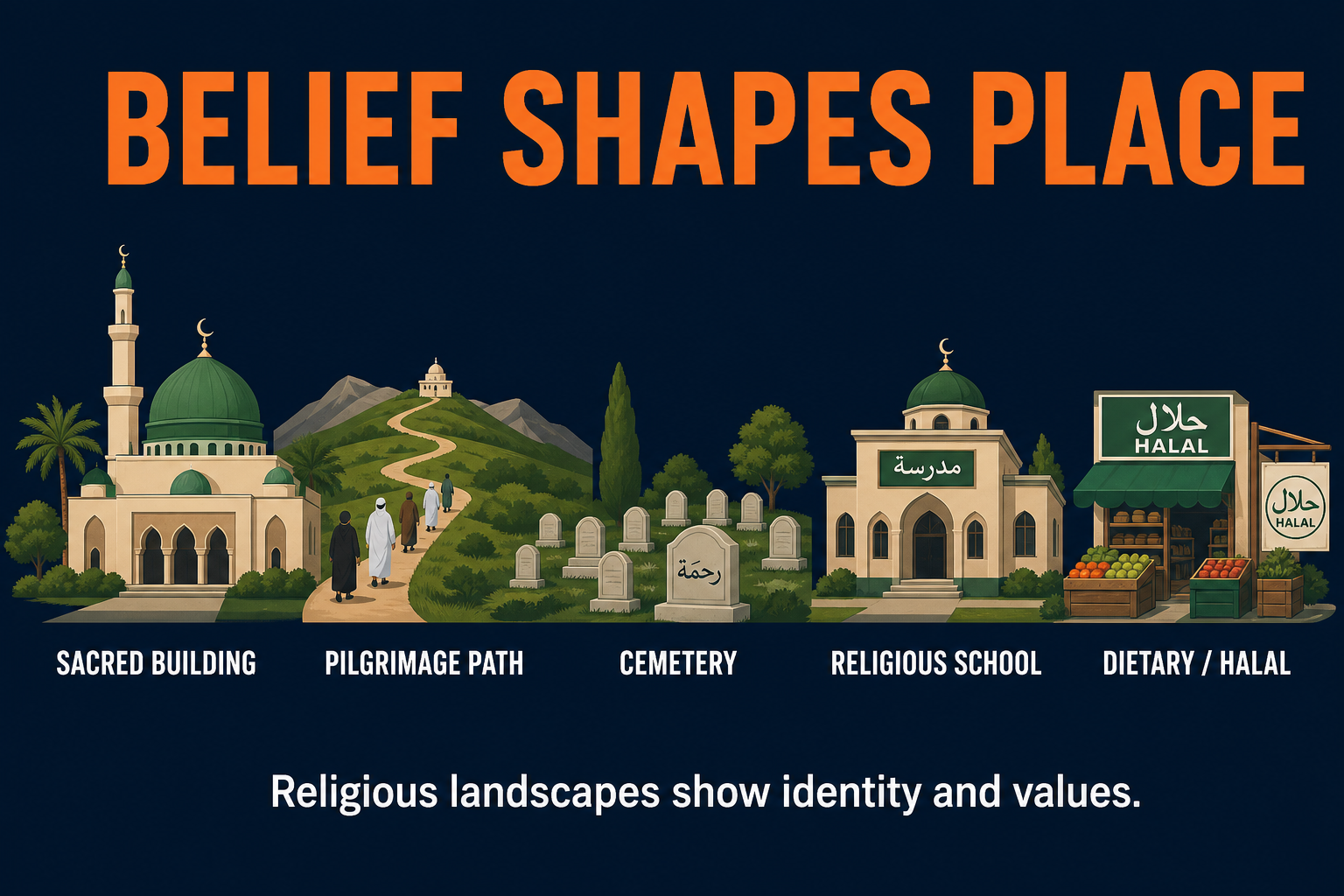 Religion Shapes Cultural Landscapes Religion shaping cultural landscape AP Human Geography visual showing sacred buildings pilgrimage cemeteries schools and dietary markets