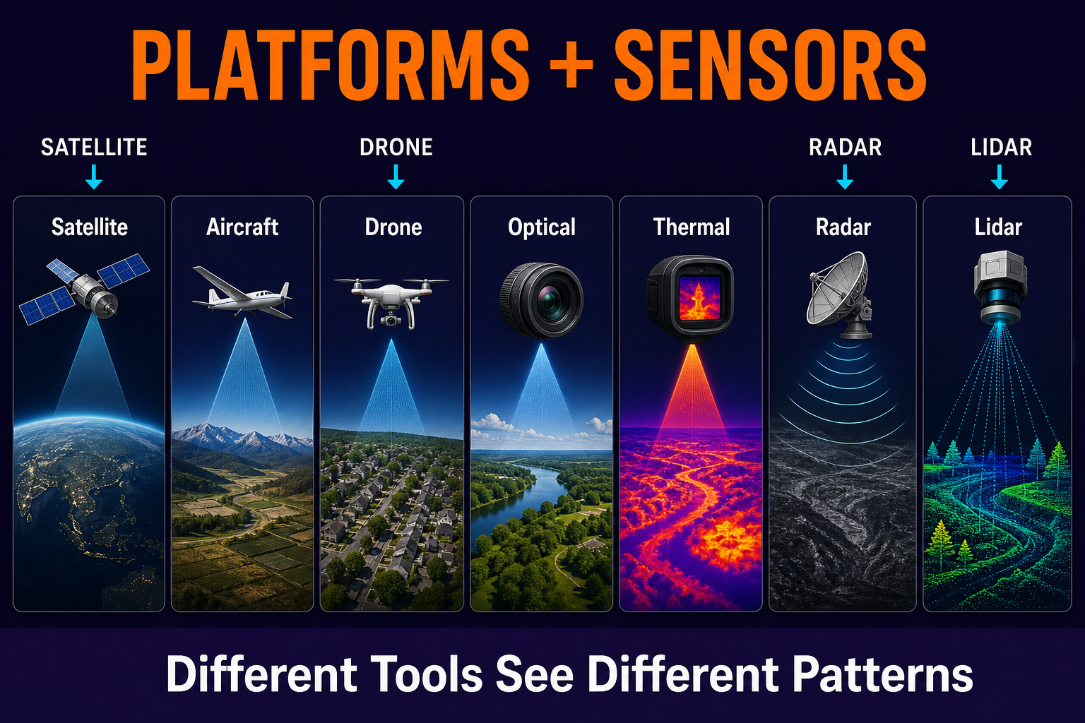 Remote sensing platforms and sensors in AP Human Geography including satellites aircraft drones optical thermal radar and lidar