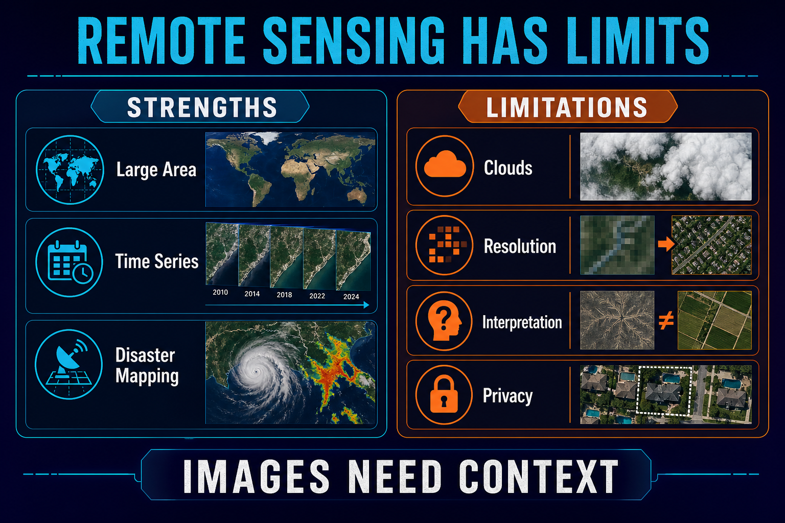 Remote sensing strengths and limitations in AP Human Geography showing large area monitoring but cloud resolution interpretation privacy and bias concerns