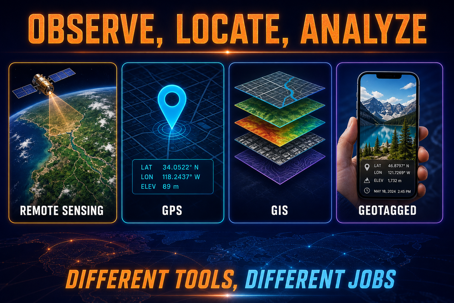 Remote sensing versus GPS versus GIS in AP Human Geography showing imagery coordinates layers and geotagged data