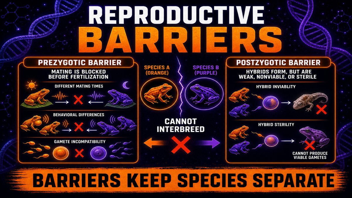 Reproductive barriers in speciation AP Biology showing prezygotic and postzygotic isolation keeping species separate