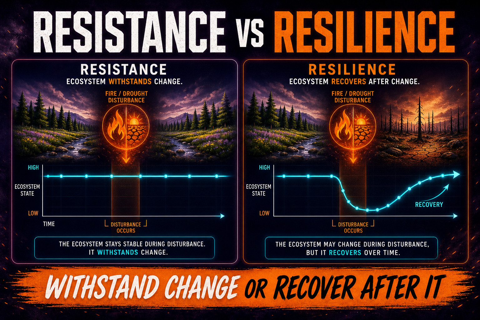 Resistance versus resilience AP Biology showing ecosystem stability during disturbance and recovery after disturbance