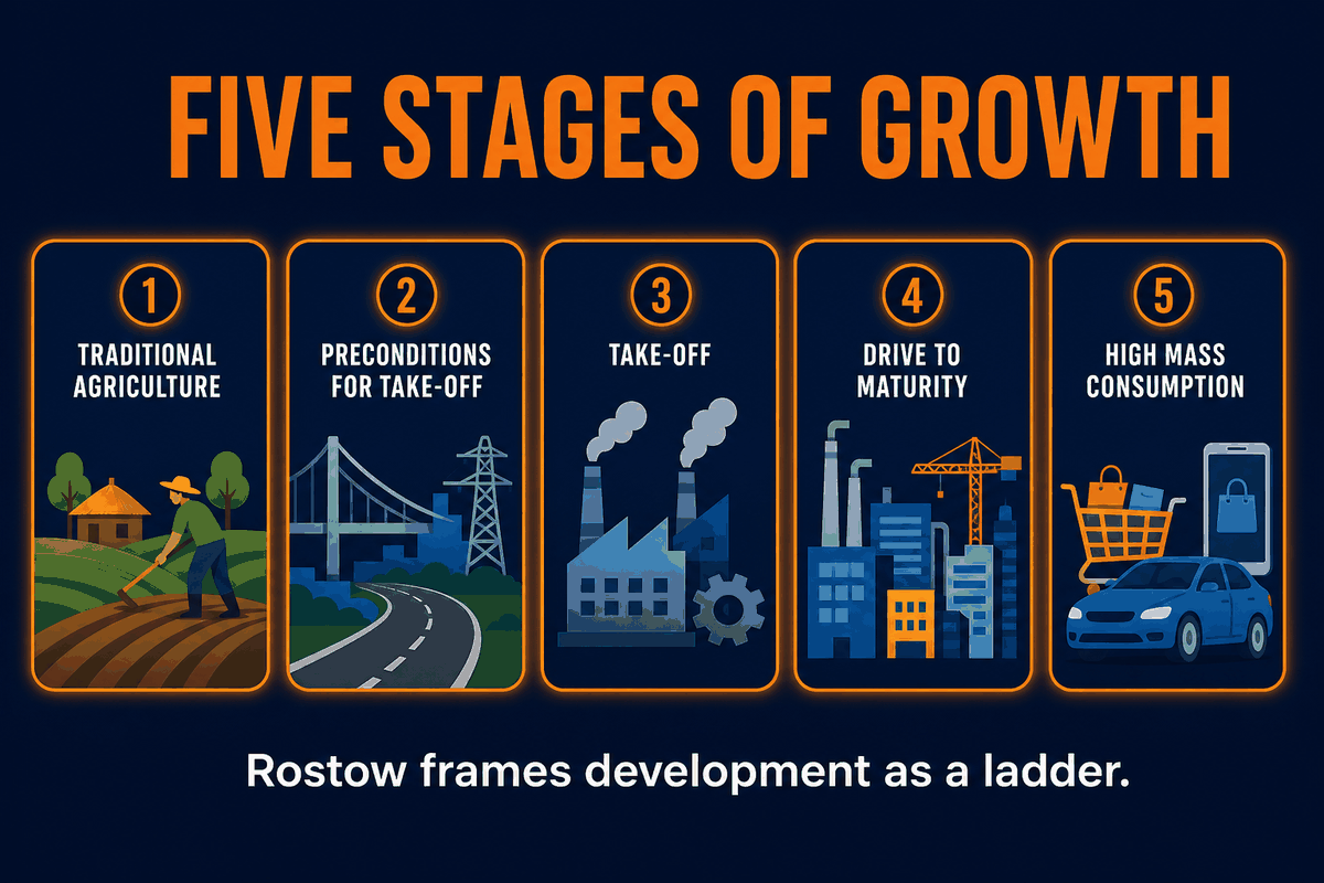 AP Human Geography Rostow five stages infographic showing traditional society, preconditions for takeoff, takeoff, drive to maturity, and high mass consumption.