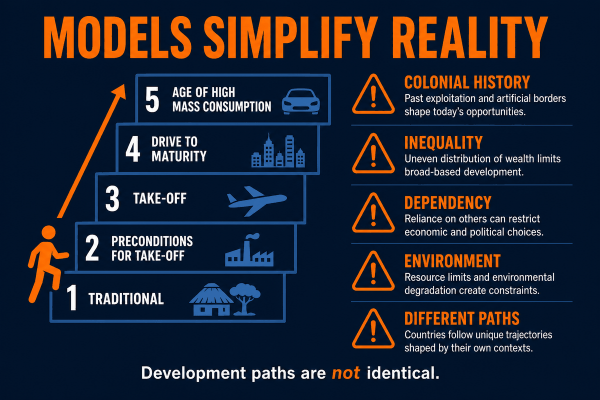 AP Human Geography Rostow model traps infographic showing limitations of assuming all countries follow the same development path.