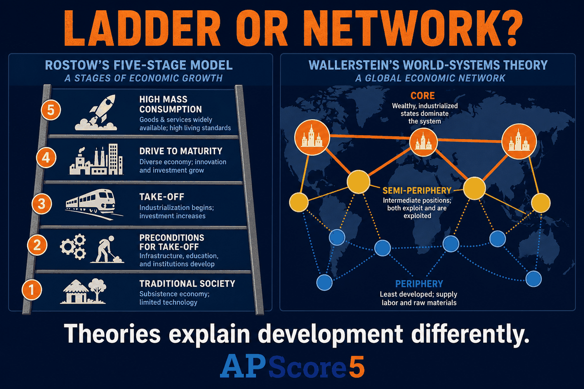 AP Human Geography Rostow versus Wallerstein infographic comparing a development ladder with a global core-periphery network.