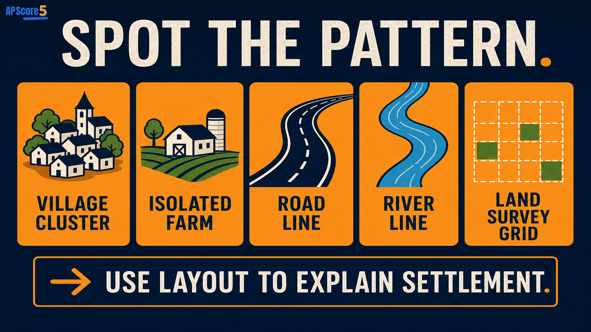Rural settlement patterns AP Human Geography exam clues showing clustered homes, scattered farms, linear roads, rivers, and land survey evidence