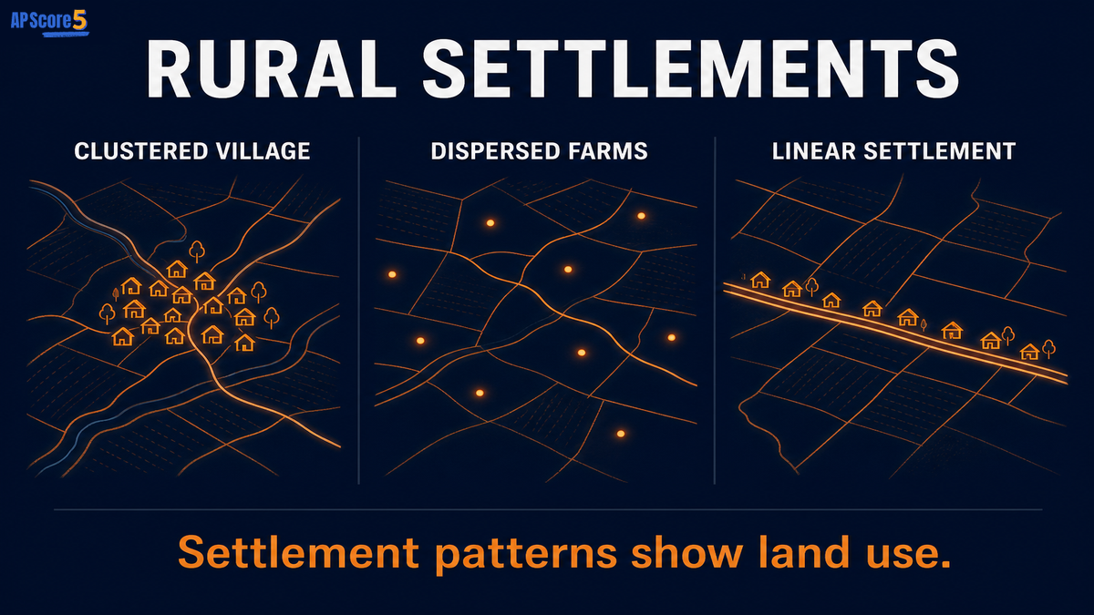 Rural settlement patterns AP Human Geography infographic showing clustered, dispersed, and linear rural layouts