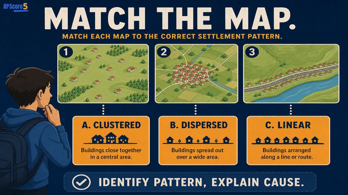 Rural settlement patterns AP Human Geography practice image showing students matching clustered, dispersed, and linear rural map layouts