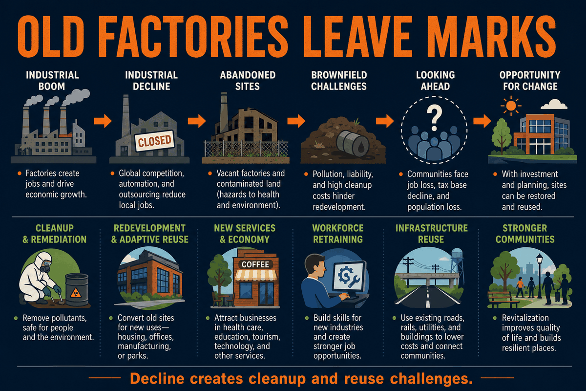 AP Human Geography Rust Belt and brownfields infographic showing factory decline, abandoned industrial land, cleanup, redevelopment, and economic restructuring.