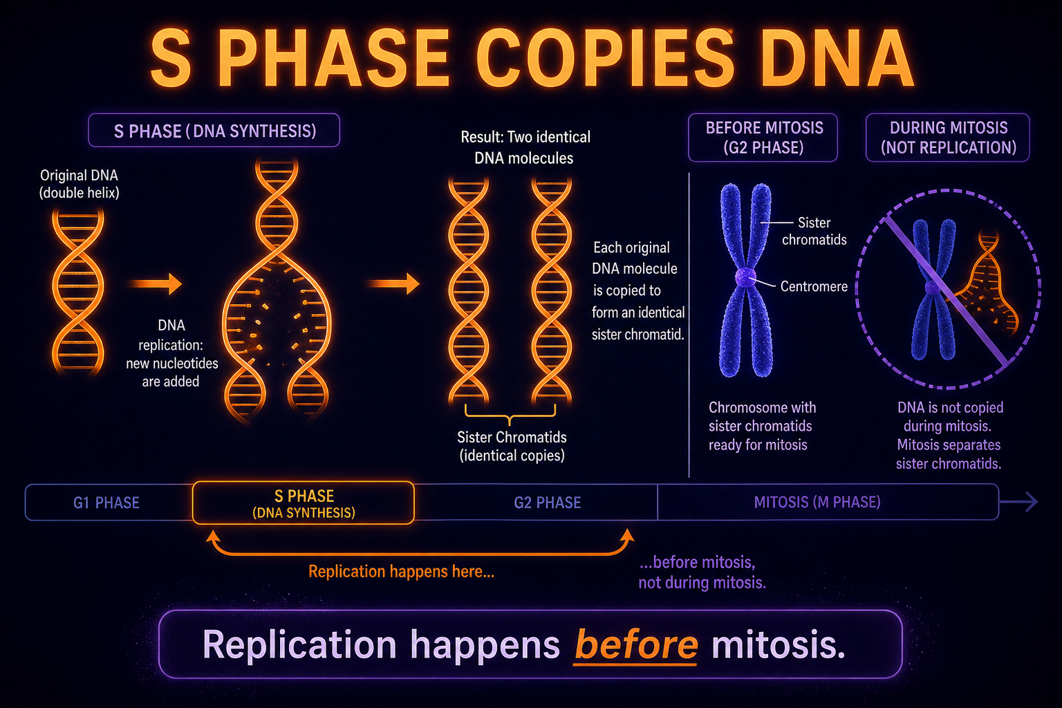 AP Biology S phase infographic showing DNA replication producing duplicated chromosomes before mitosis