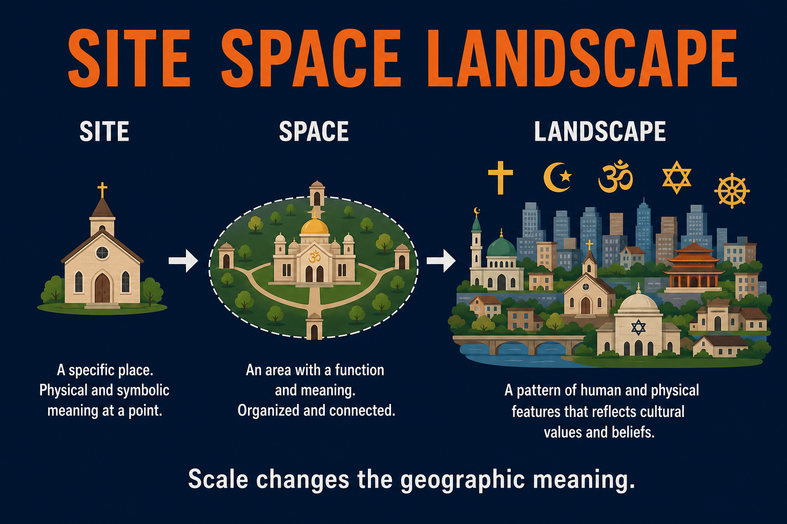 Sacred Site Space Landscape AP Human Geography AP Human Geography comparison visual showing sacred site sacred space and religious landscape at different scales