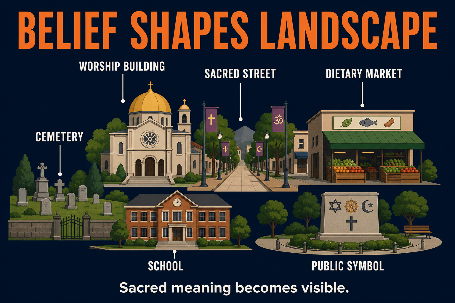 AP Human Geography sacred space cultural landscape visual showing worship buildings cemeteries sacred streets dietary markets schools and symbols