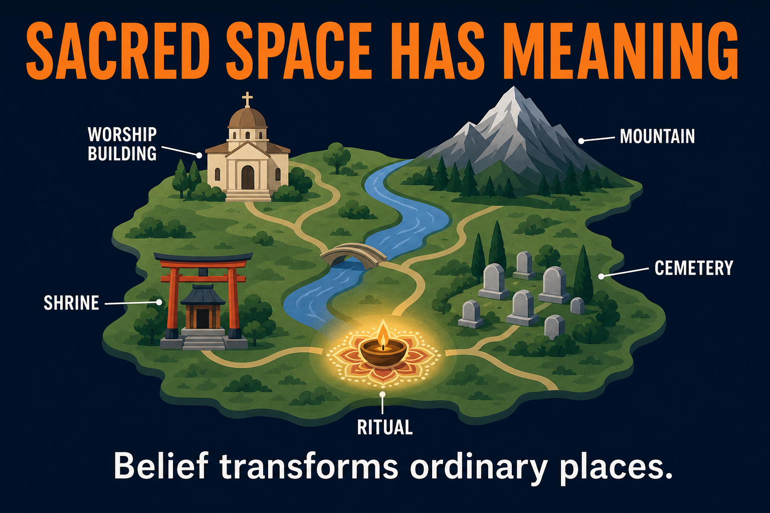 Sacred Space Has Meaning AP Human Geography AP Human Geography sacred space visual showing worship buildings natural sites cemeteries shrines and rituals with religious meaning