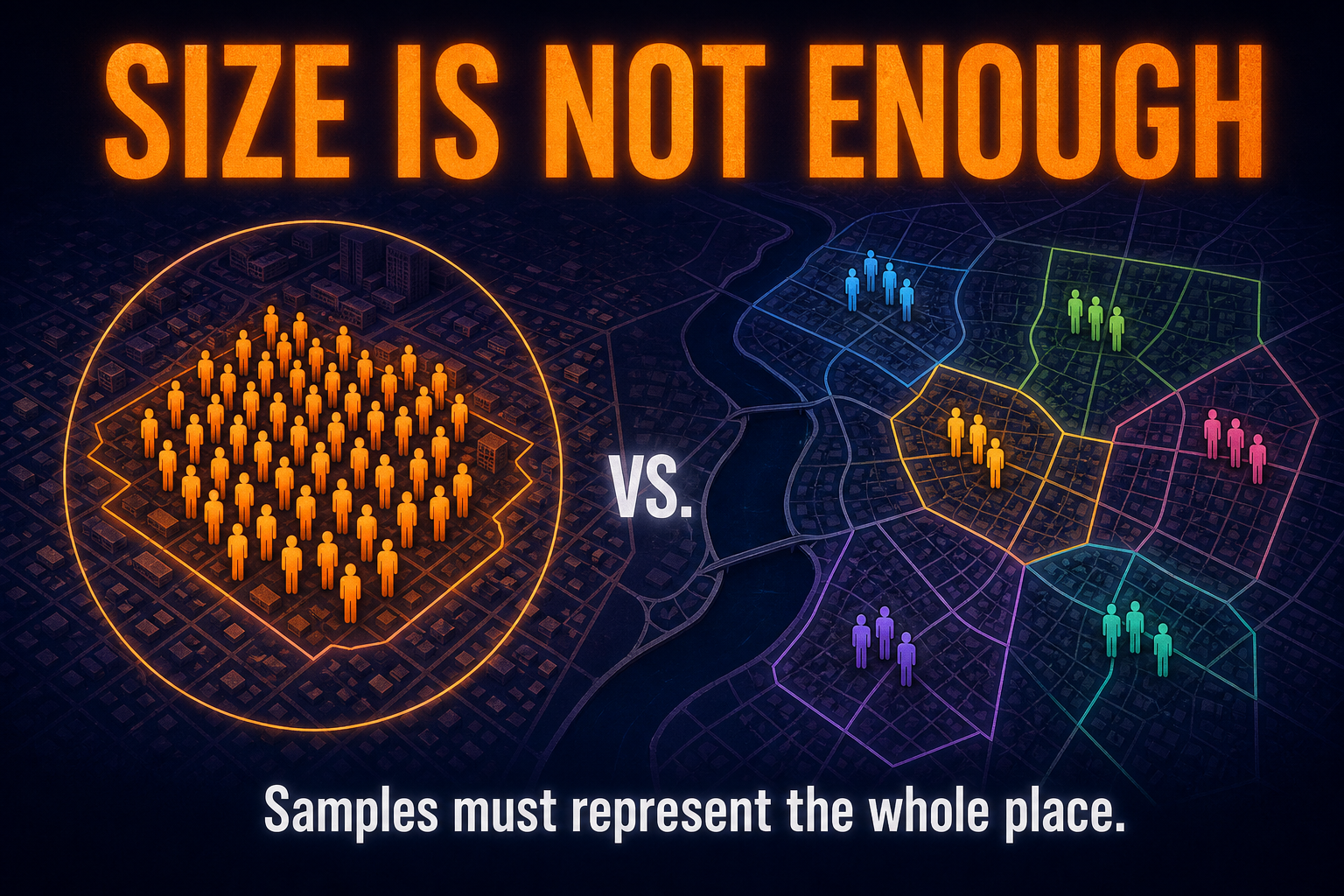Sample size and representativeness in AP Human Geography showing that large samples can still be biased if they miss neighborhoods or groups