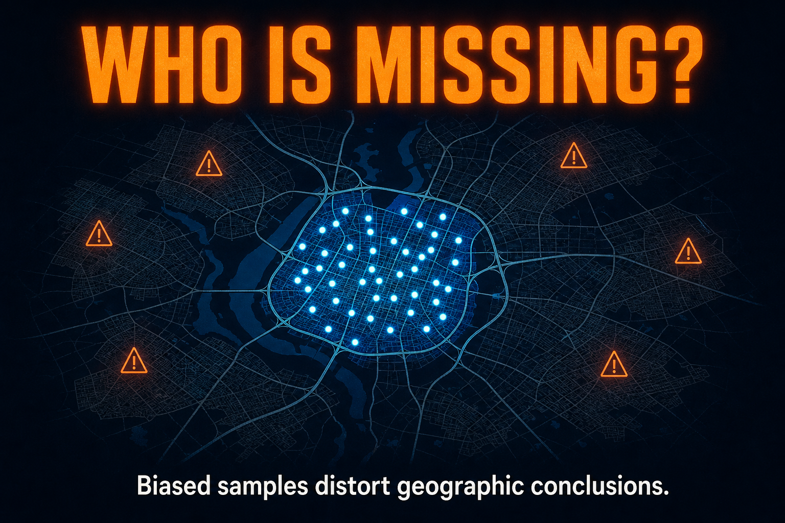 Sampling bias in AP Human Geography showing a survey sample clustered in one area while missing other neighborhoods and groups