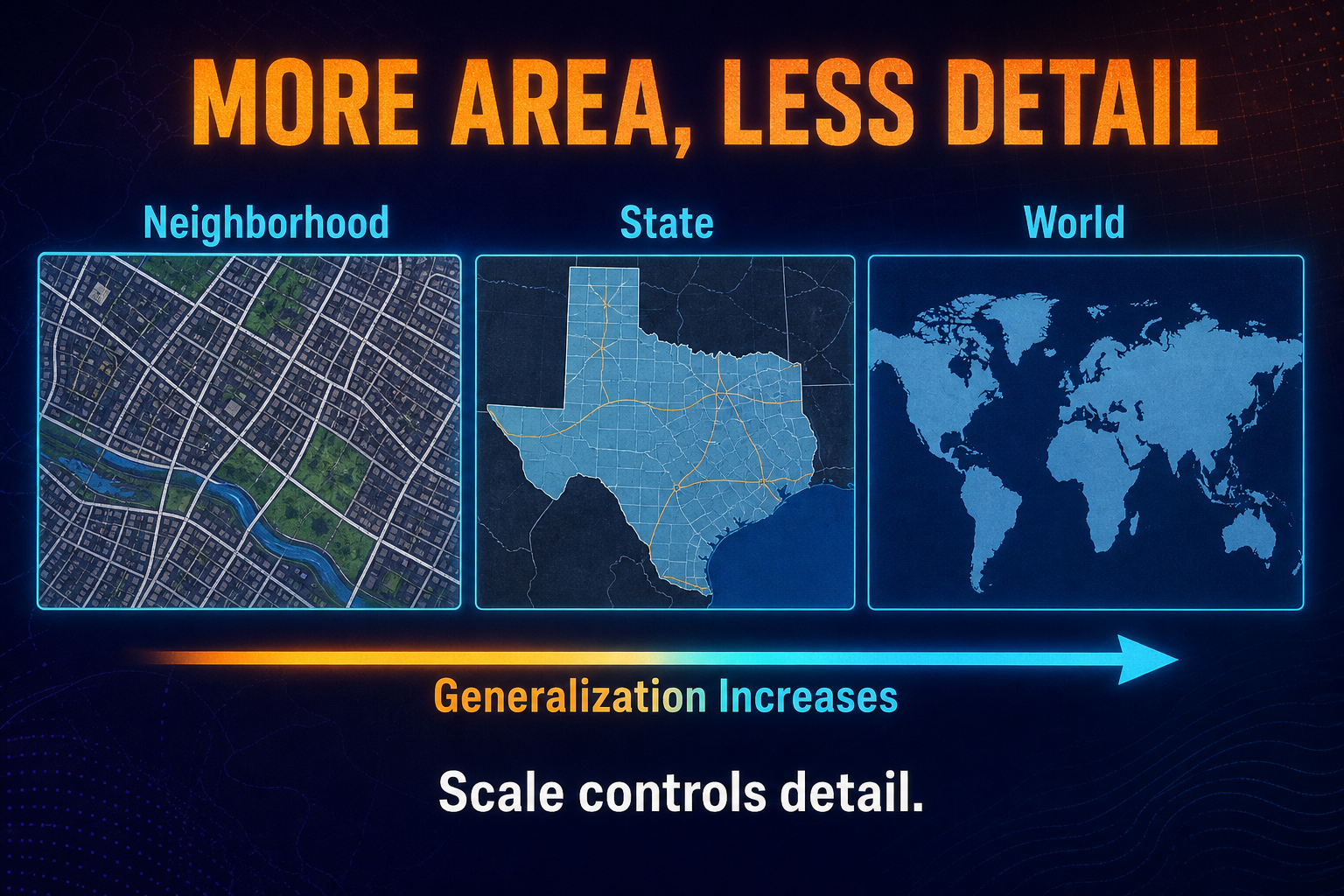 Scale and generalization working together in AP Human Geography showing detail decreasing as map area increases