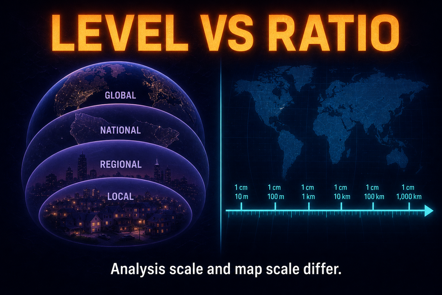 Scale of analysis versus map scale in AP Human Geography comparing geographic level with map distance ratio
