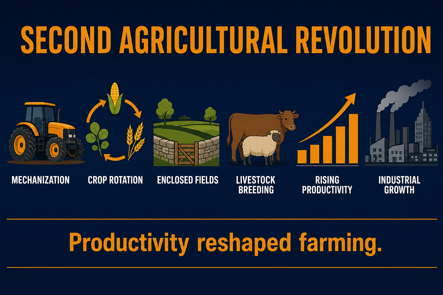 Second Agricultural Revolution AP Human Geography infographic showing mechanization, crop rotation, enclosure, productivity, and industrialization