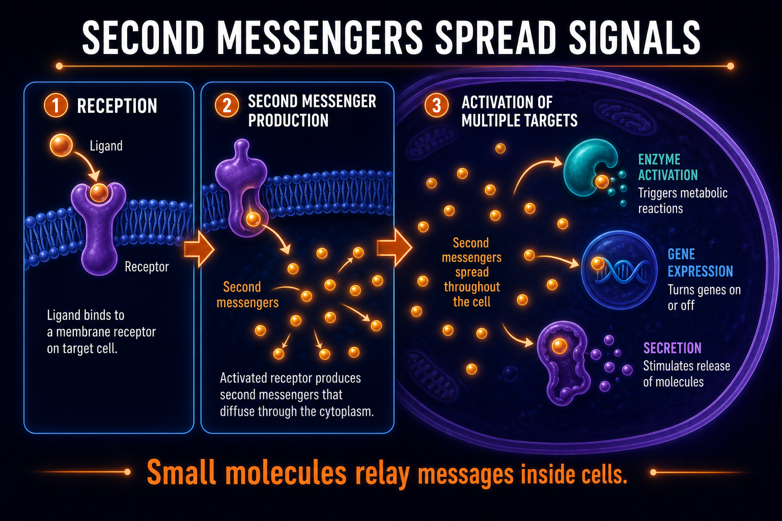 AP Biology second messengers infographic showing cAMP and calcium ions spreading intracellular signals after receptor activation