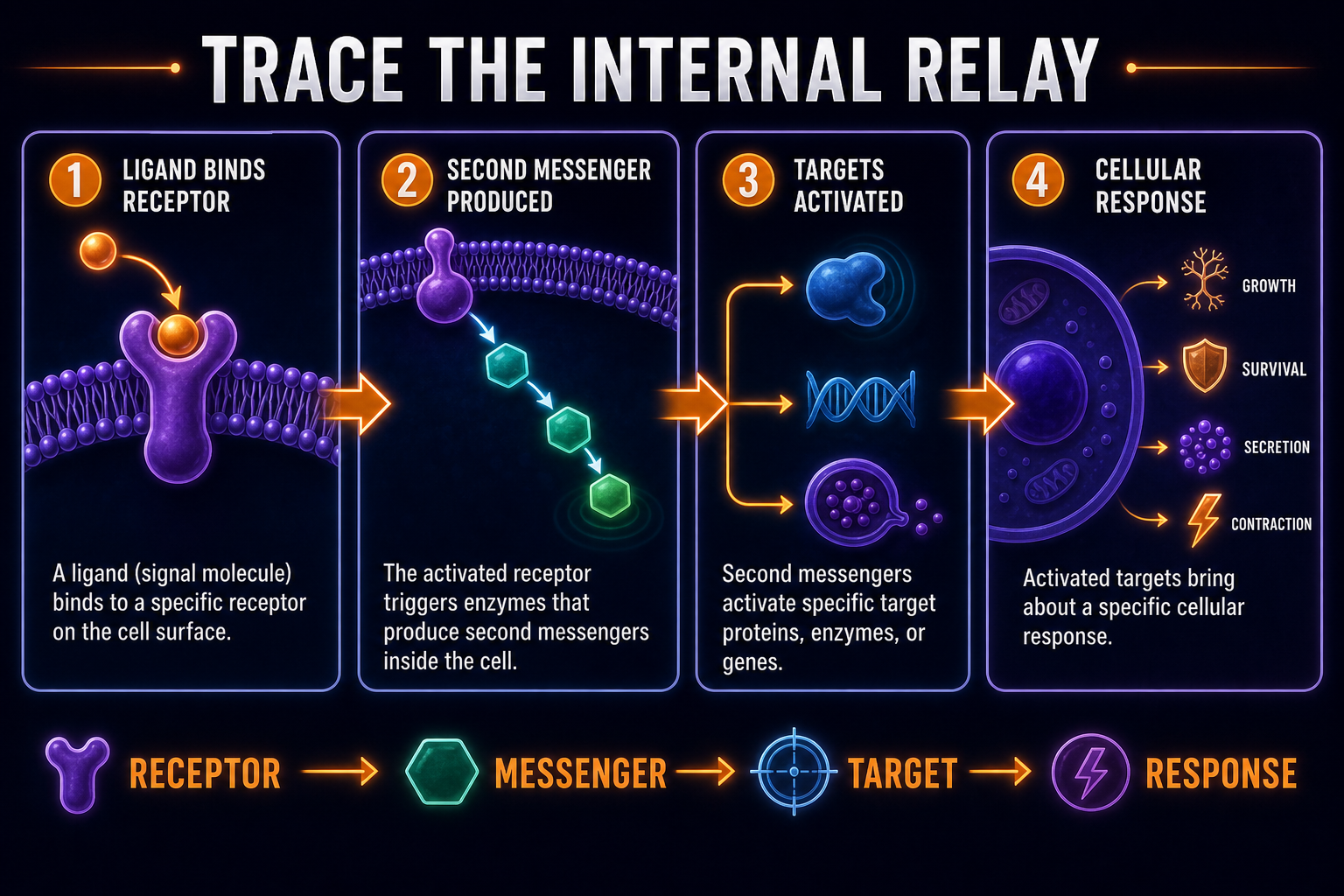 AP Biology second messengers FRQ reasoning infographic showing how to trace receptor activation, messenger relay, target activation, and cellular response