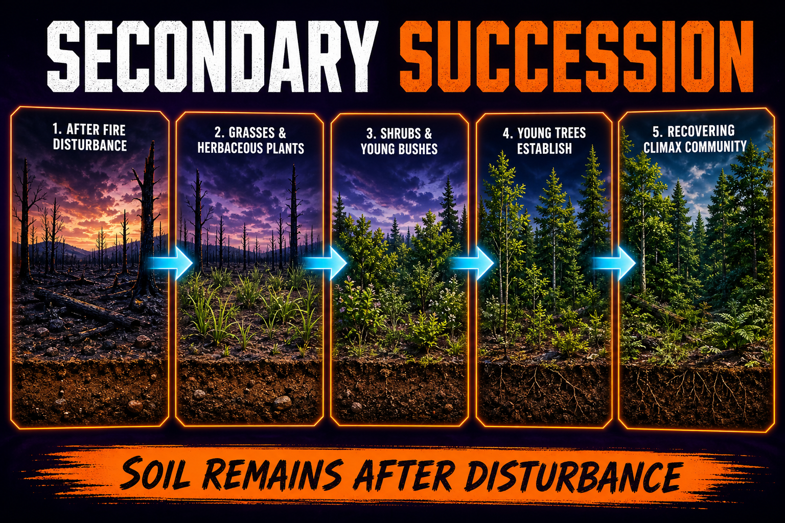 Secondary Succession AP Biology Secondary succession AP Biology showing ecosystem recovery after fire with soil grasses shrubs and young trees