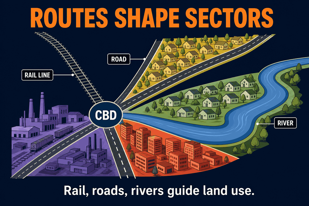 AP Human Geography sector model transportation corridors infographic showing roads, rail lines, rivers, industry, housing, and wedges extending outward from the CBD.