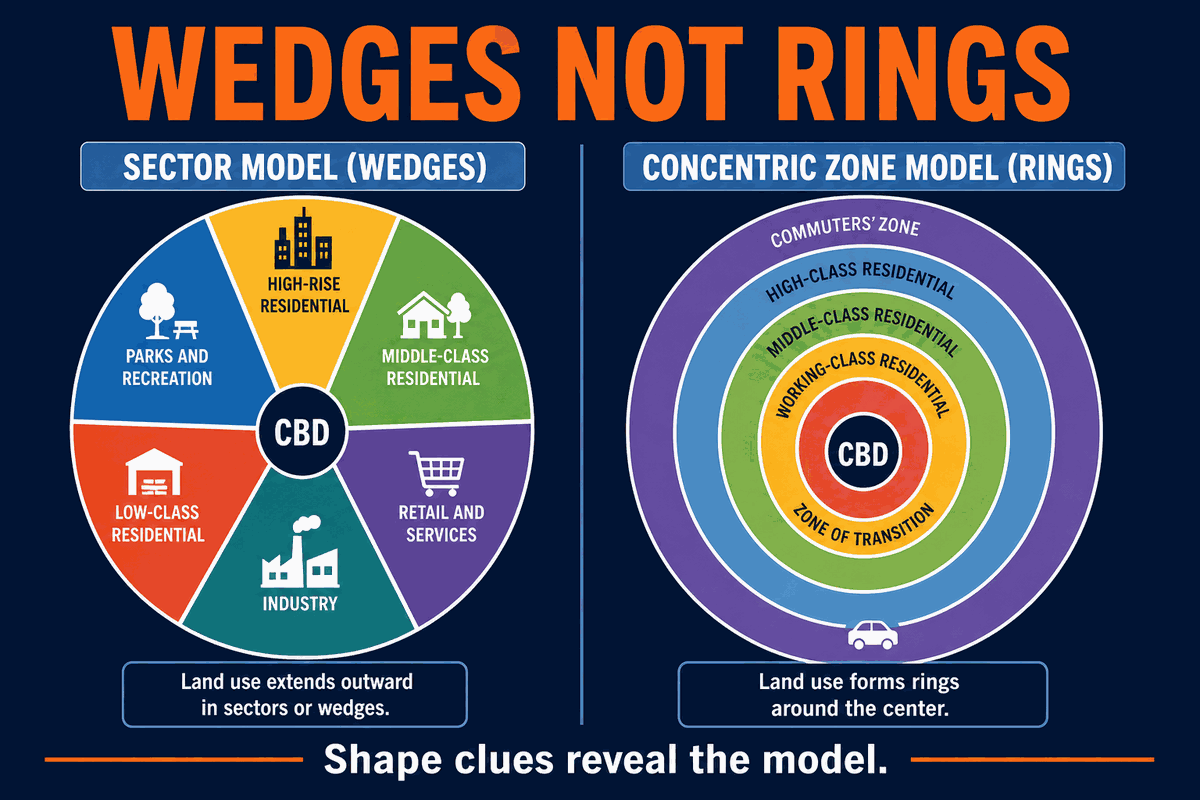 AP Human Geography sector versus concentric zone model infographic comparing wedge-shaped city sectors with circular rings around a CBD.