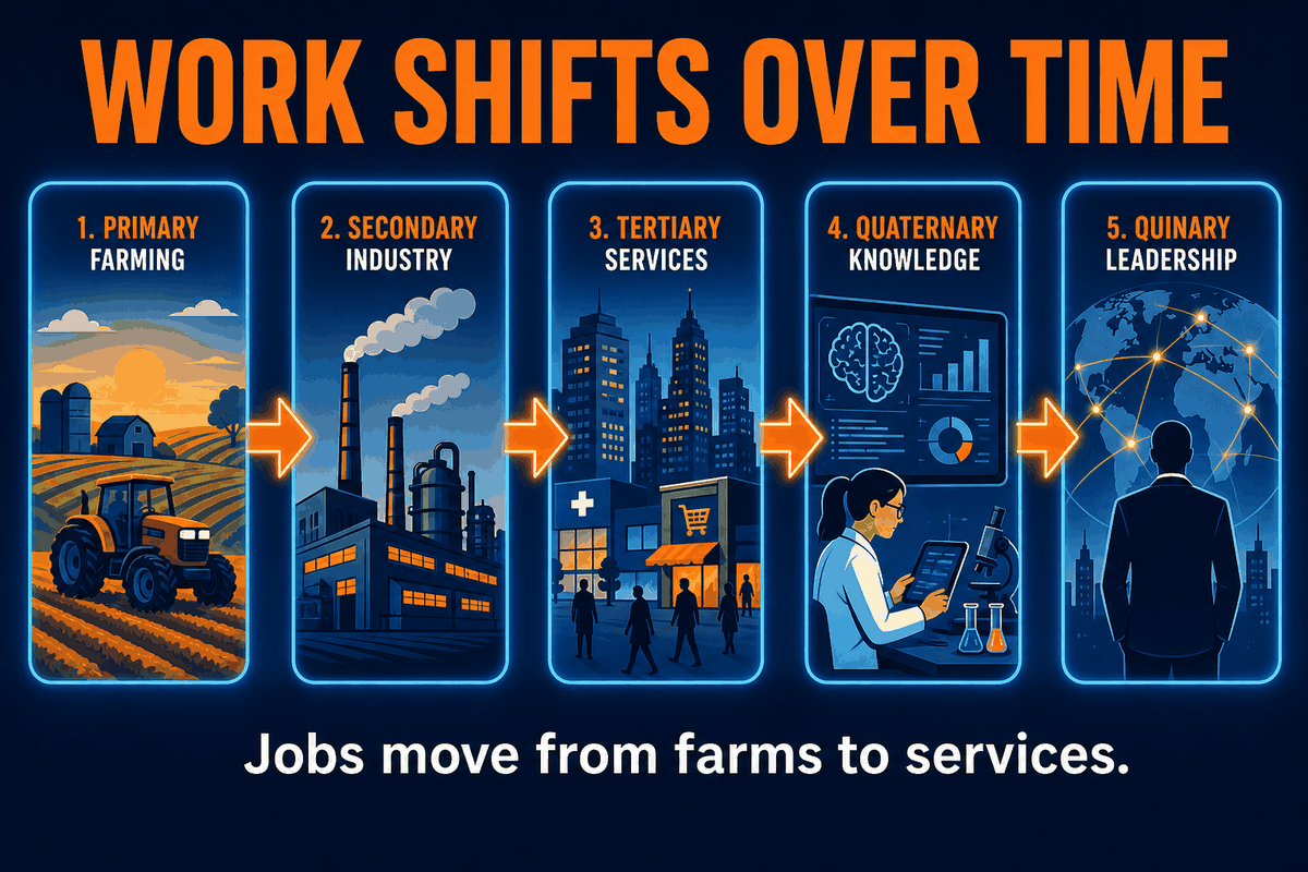 AP Human Geography sectoral change infographic showing employment shifting from primary work to secondary, tertiary, quaternary, and quinary sectors as development changes.