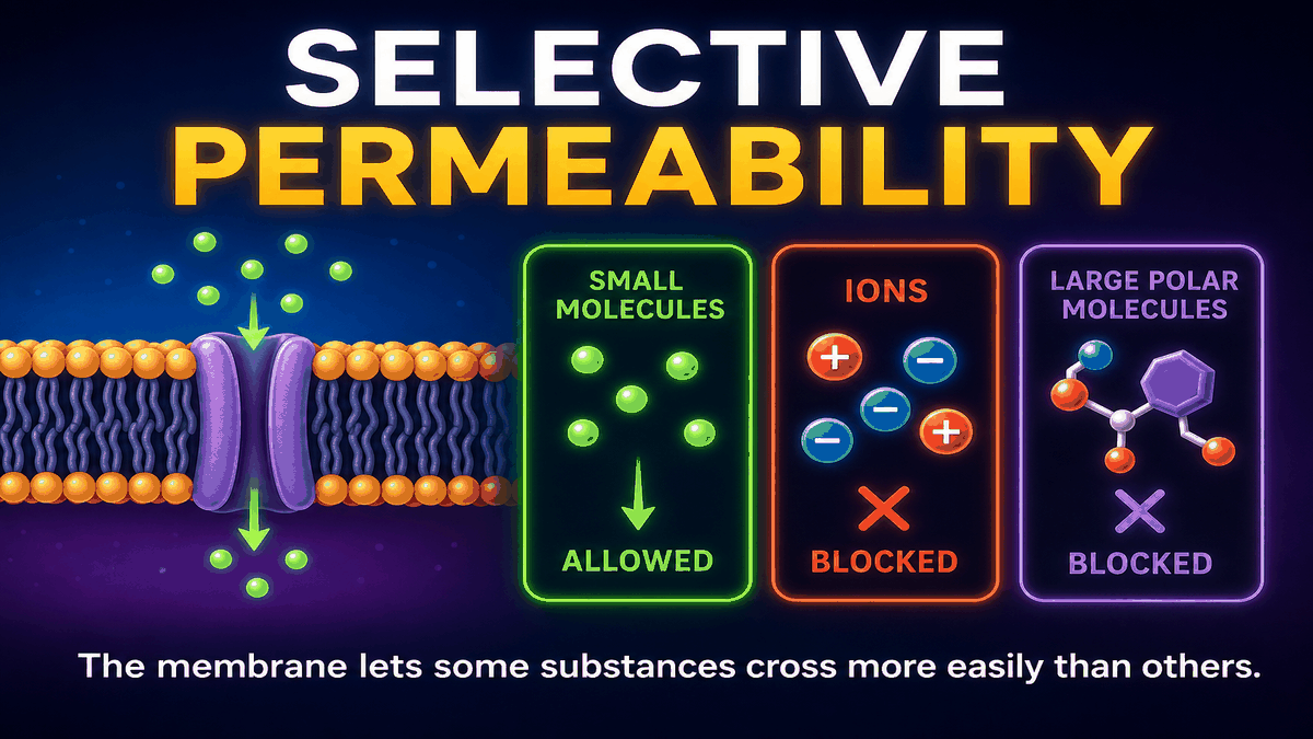 Selective permeability AP Biology infographic showing a plasma membrane allowing some molecules through while blocking others
