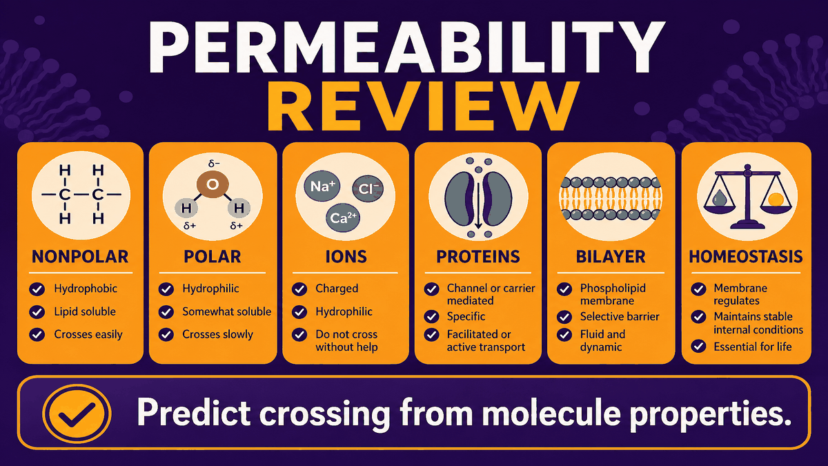 Selective permeability review AP Biology infographic with checklist for nonpolar molecules polar molecules ions proteins bilayer and homeostasis
