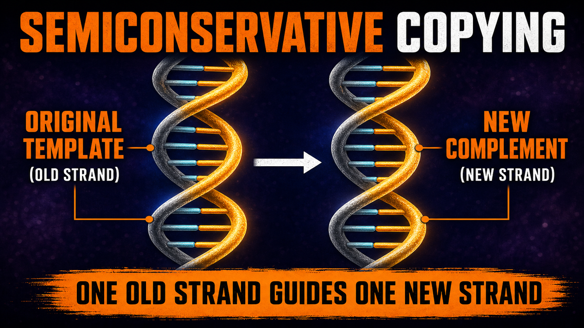 Semiconservative DNA replication showing one original strand and one new strand in each copied DNA molecule