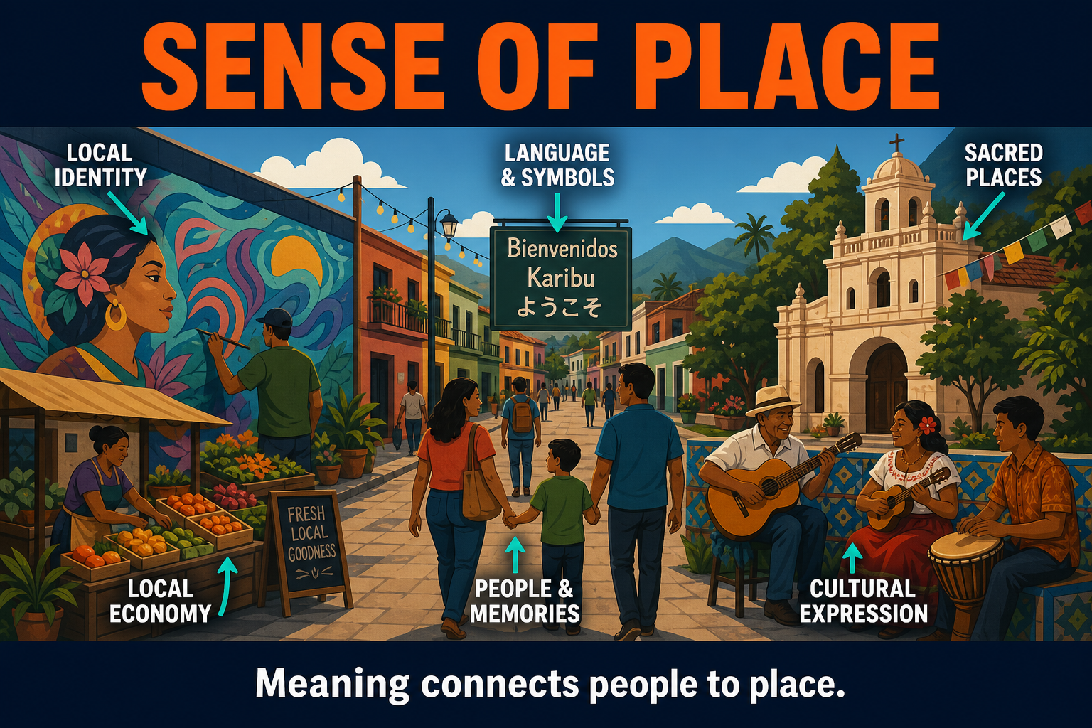AP Human Geography sense of place visual showing local murals markets language signs sacred buildings music and community identity