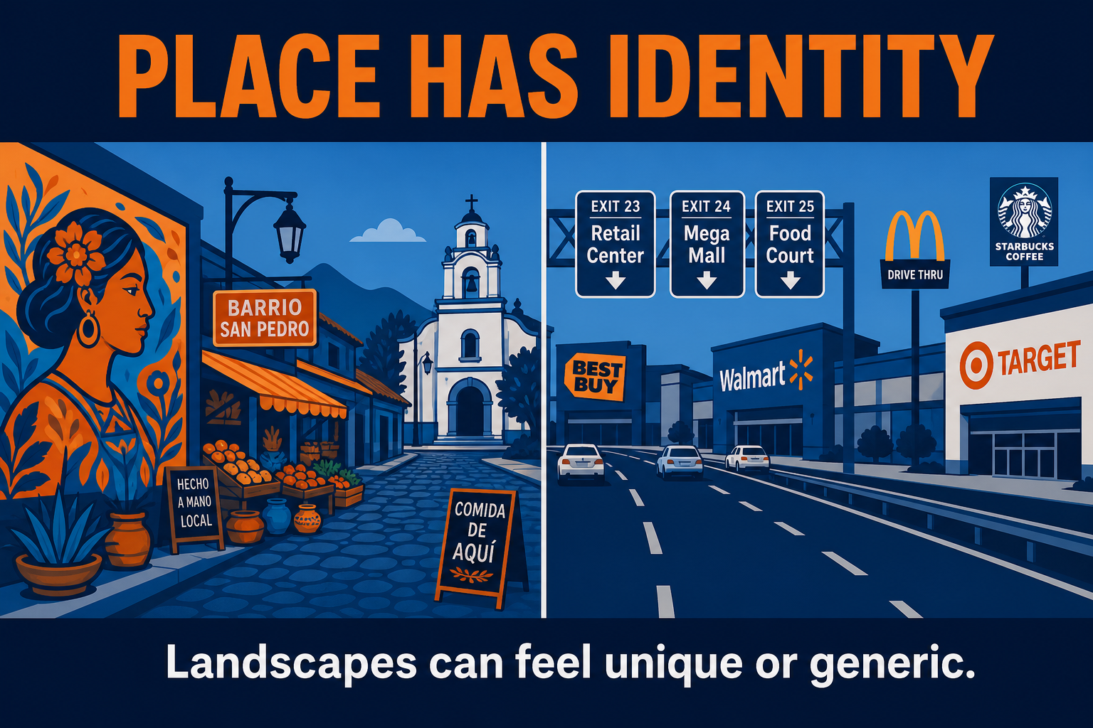 Sense of Place and Placelessness AP Human Geography AP Human Geography sense of place and placelessness hero comparing unique local identity with standardized global landscapes