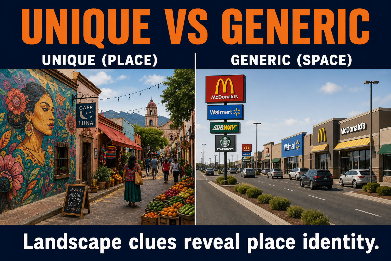 AP Human Geography comparison visual showing unique local street versus generic standardized commercial strip