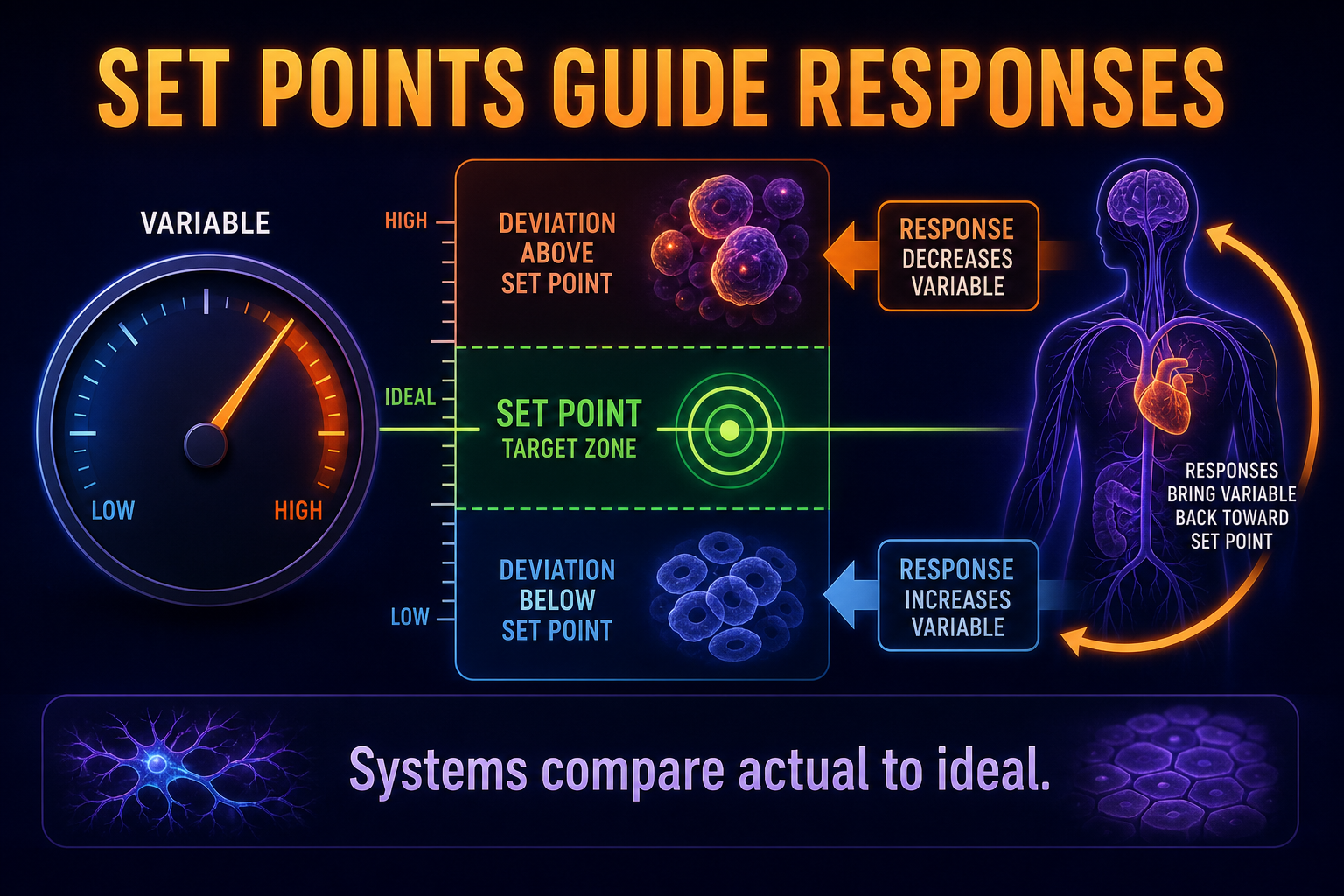 AP Biology set point infographic showing a variable moving away from a target range and feedback responses restoring homeostasis
