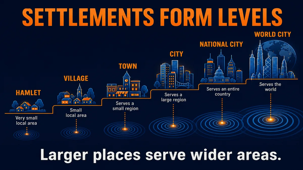 AP Human Geography settlement hierarchy infographic showing hamlet, village, town, city, metropolis, and world city ranked by size and influence.