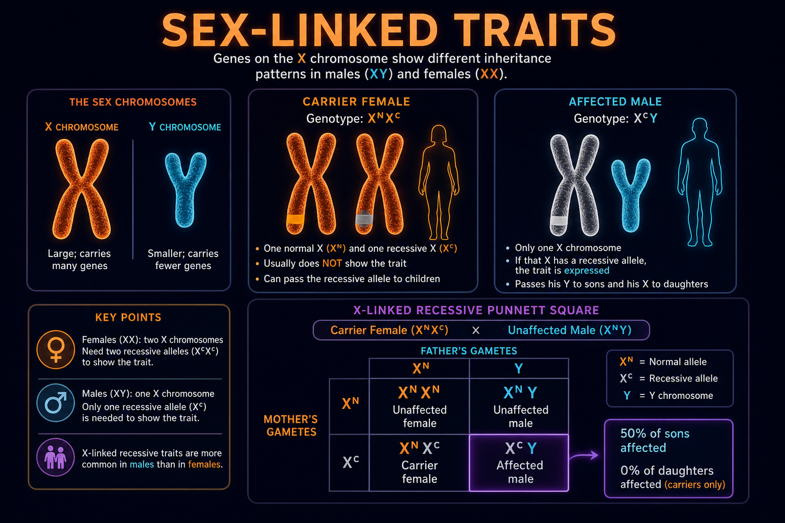 AP Biology sex-linked traits infographic showing X-linked inheritance, carrier females, affected males, and a Punnett square