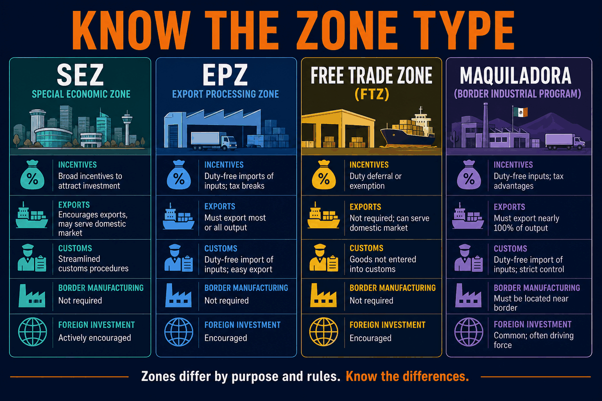 AP Human Geography SEZ EPZ and maquiladora comparison infographic showing different types of industrial and trade zones.