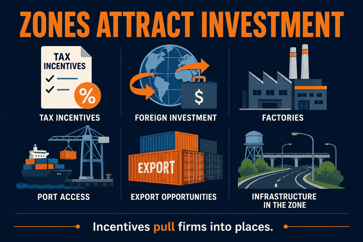 AP Human Geography SEZ infographic showing tax incentives, foreign investment, exports, factories, ports, and infrastructure in a special economic zone.