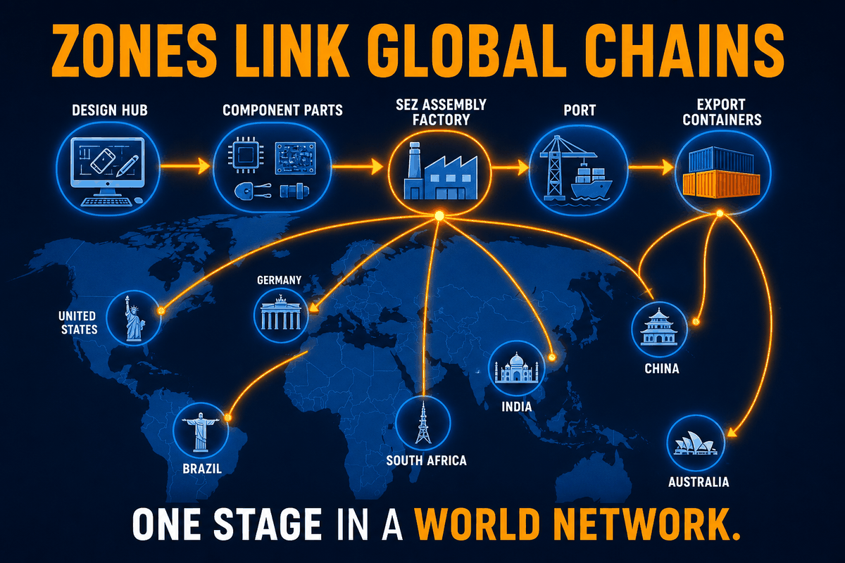 AP Human Geography SEZ global supply chain infographic showing components, assembly zone, export routes, and multi-country production stages.